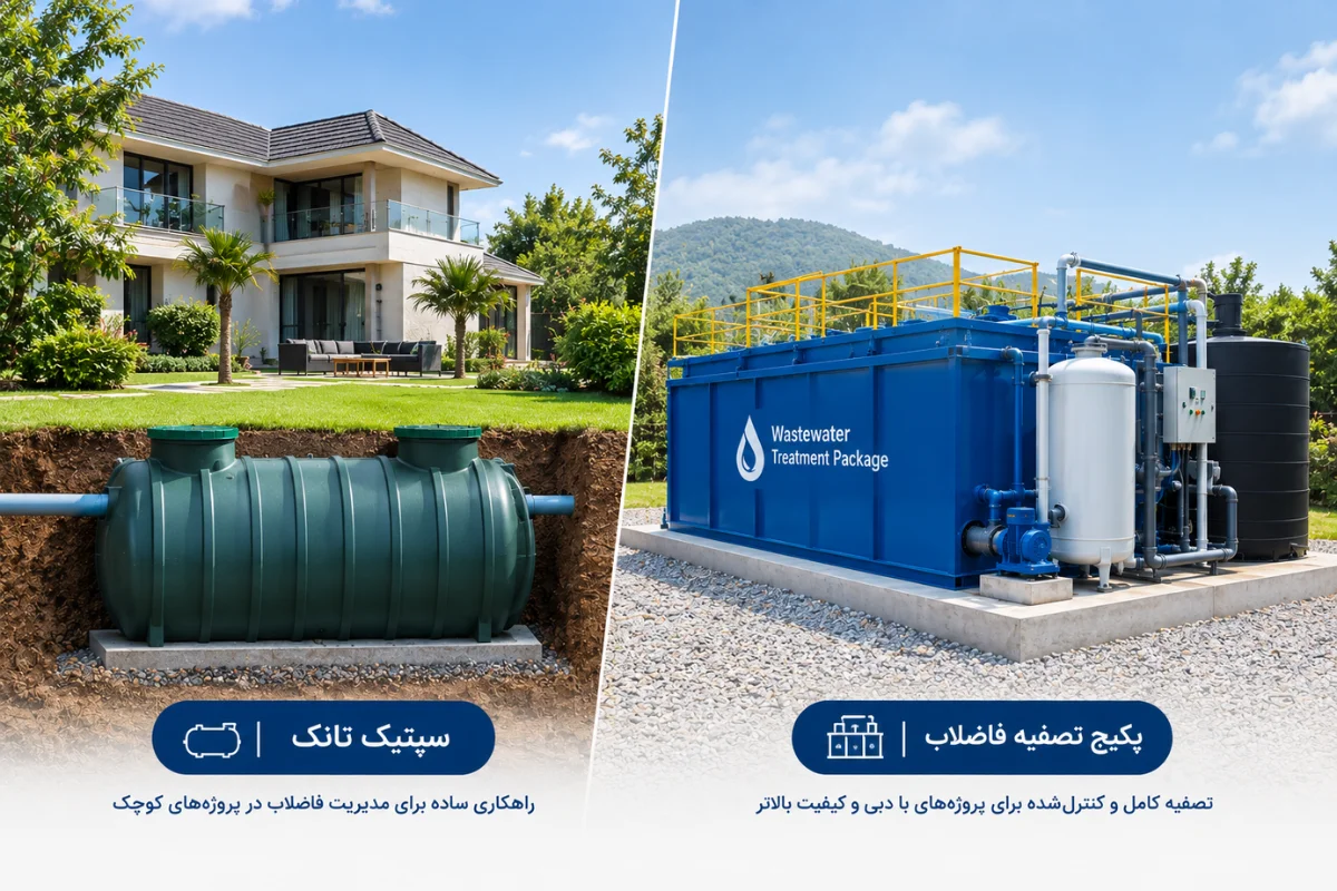 پکیج تصفیه فاضلاب یا سپتیک تانک | راهنمای ویلا، کارگاه، مجتمع و روستا